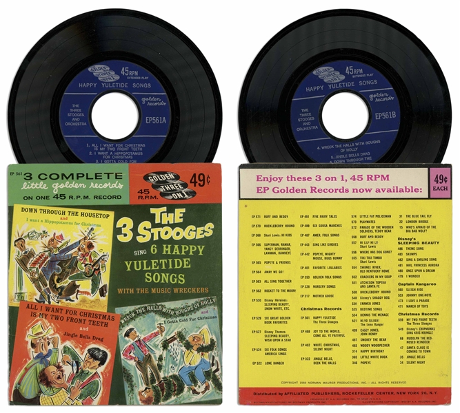 Lot of 11 Vinyl Records With Three Stooges Recordings for Children -- Circa 1960s With Curly Joe -- Plus Flyer Promoting Their Albums -- Not Played, But Albums Appear Very Good With Some Unopened